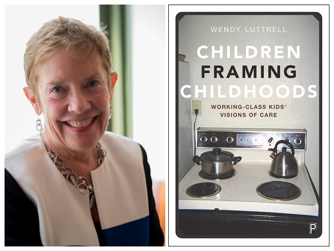 Photograph of Dr. Wendy Luttrell alongside the cover of her book, Children Framing Childhoods: Working-Class Kids' Vision of Care