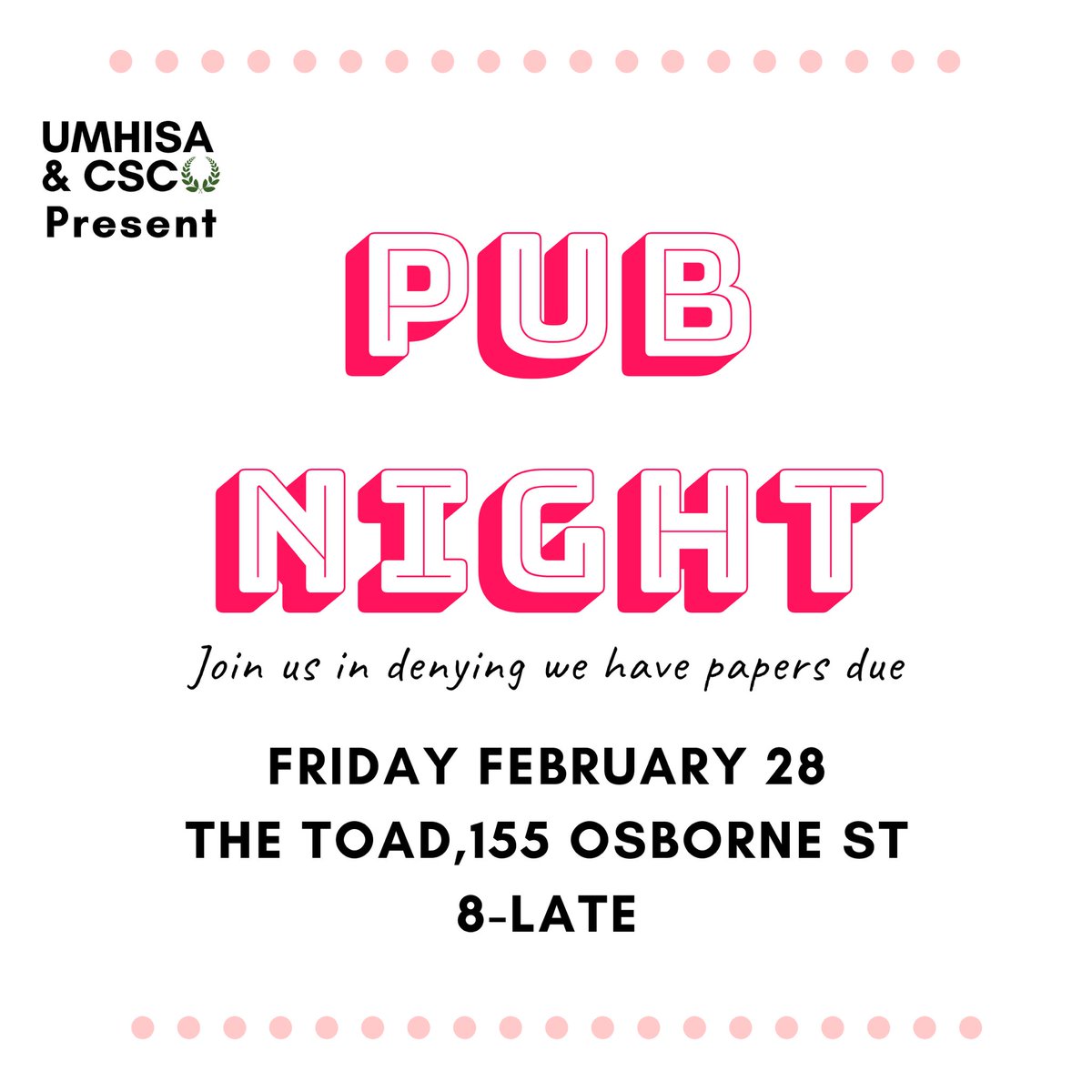 uofm_csc's tweet image. Did you miss the last Pub Night? Here’s another chance to join us and @UMH_Undergrad in denying our deadlines at Toad in the Hole on February 28th, 8-late. 

**Don’t forget that the Toad has a new location! 155 Osborne Street** #umclassics #umcsc #umanitoba