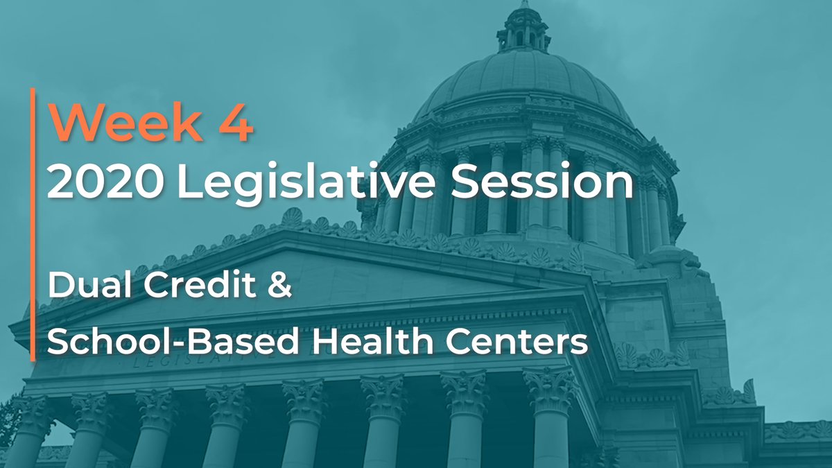 Image of the WA State Capitol Building with text overlaid that says: Week 4, 2020 Legislative Session. Dual Credit & School-Based Health Centers.