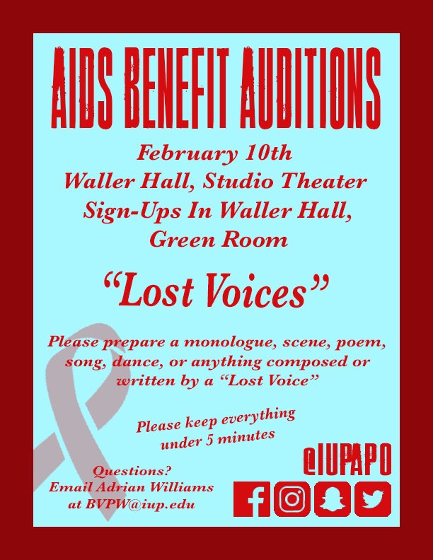 iupapo's tweet photo. AIDS Benefit auditions are here!
Be sure to check the sign-up sheet in the green room of Waller Hall to be a part of “Lost Voices!” ❤️
#iupapo #aidsbenefit #auditions #broadwaycares https://t.co/ncDr64BPCD