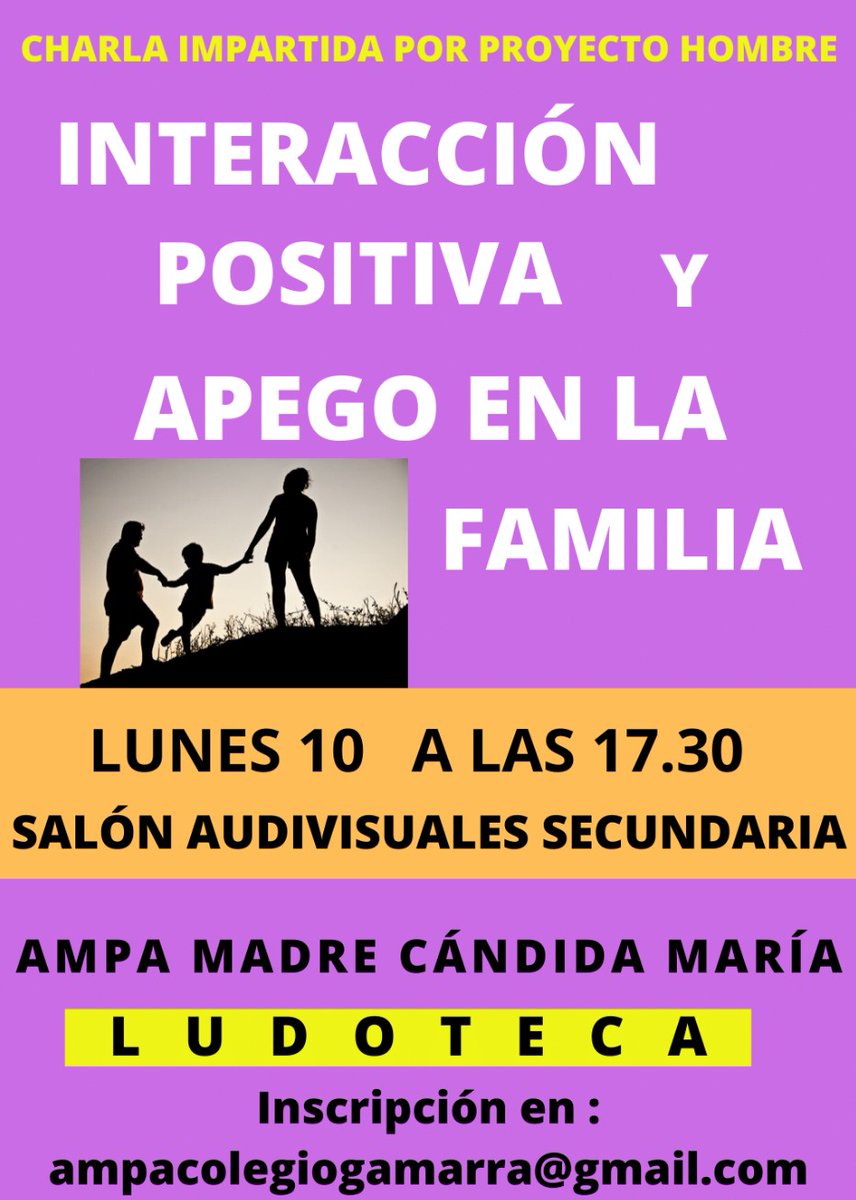CandidaAmpa's tweet photo. El día 10 de Febrero, a las 17.30h. en el Salón de Audiovisuales de Secundaria @ColegioGamarra tendrá lugar la charla: "Interacción Positiva y Apego en la Familia", donde nos darán herramientas para una mejor educación de nuestros hij@s. Con servicio de Ludoteca. Te esperamos. https://t.co/kqUzisvonM