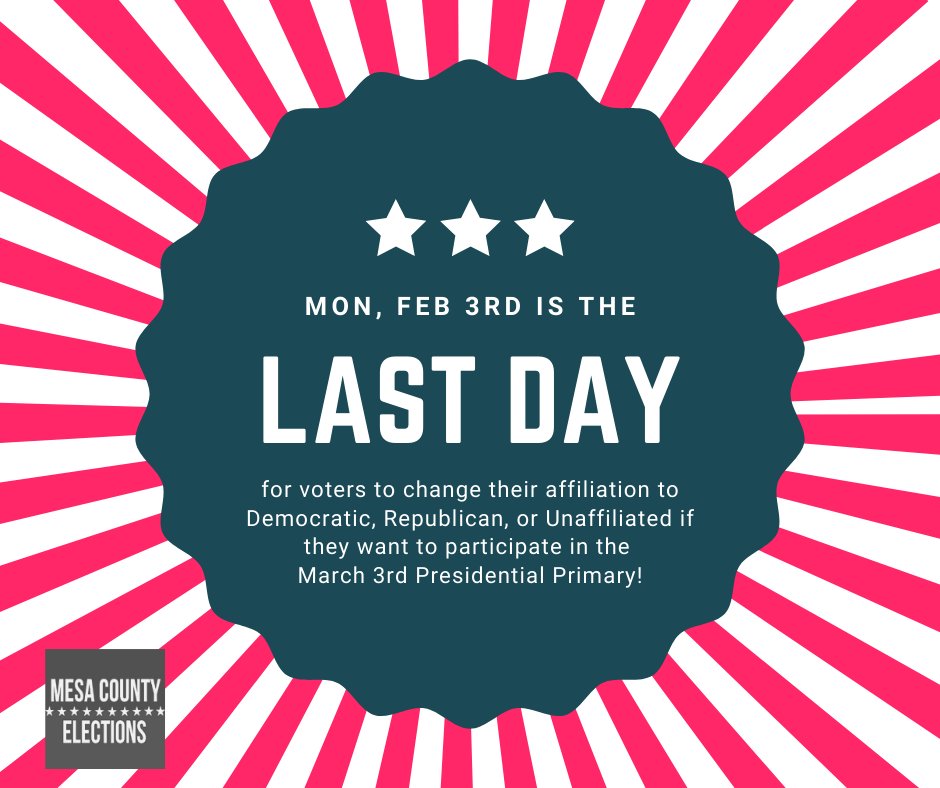 Don't wait! Today is the last day to update your affiliation for the March 3rd Presidential Primary. Visit govotecolorado.gov to update your record!