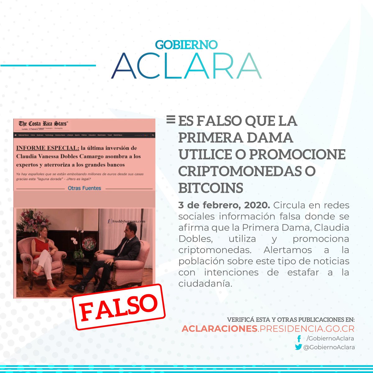 gobiernoaclara's tweet photo. #GobiernoAclara Es falso que la Primera Dama utilice o promocione criptomonedas o bitcoins

https://t.co/XtI55ONkRg https://t.co/Fpod0y09Fj
