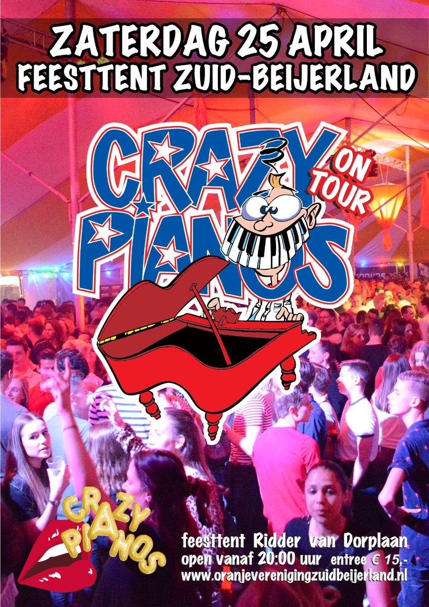 OranjeverZBL's tweet photo. LET'S GO CRAZY!!

Ook in 2020 komen de @CrazyPianos on Tour de feesttent weer op zijn kop zetten.

Zaterdag 25 april zullen zij er één groot feest van maken!

Zet de datum maar alvast in de agenda.

Met wie ga jij een feestje bouwen?? https://t.co/iNwr7cGJ0l