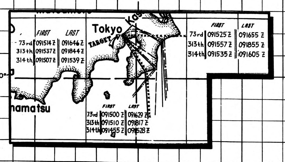 米第21爆撃軍団作戦任務報告書No. 40, Tokyo, 10 March 1945.に記されたB29帝都侵入コースと今回の「羽田新ルート」を照合してみた。侵入方向が逆であることを除けばほぼ同じ。B29高度も7400ft(2200m)～5400ft(1600m)。実際はそれより低いケースもあって大凡一致する。 