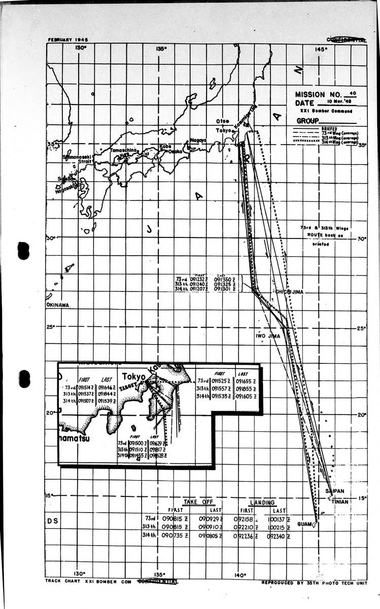 米第21爆撃軍団作戦任務報告書No. 40, Tokyo, 10 March 1945.に記されたB29帝都侵入コースと今回の「羽田新ルート」を照合してみた。侵入方向が逆であることを除けばほぼ同じ。B29高度も7400ft(2200m)～5400ft(1600m)。実際はそれより低いケースもあって大凡一致する。 