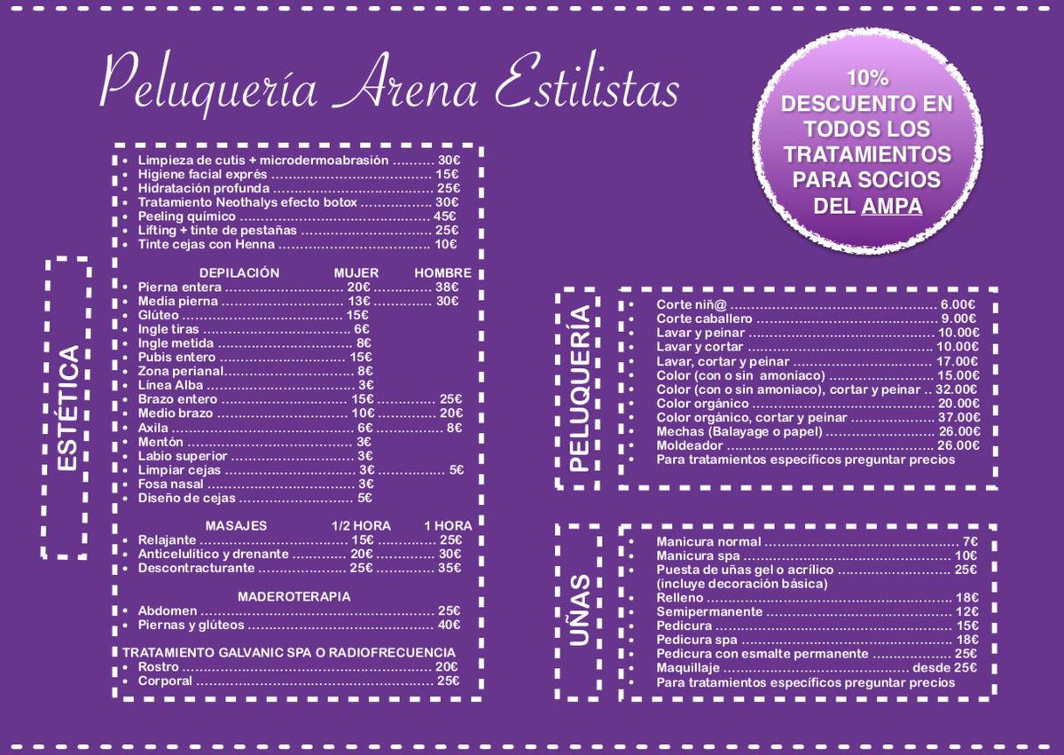 CandidaAmpa's tweet photo. Aprovecha las ventajas de ser socio de nuestra @AMPA, y disfruta de un 10% de dto en todos los tratamientos en la Peluquería Arena Estilistas. 
Frente a la puerta de Secundaria @ColegioGamarra https://t.co/kWuozBN21A