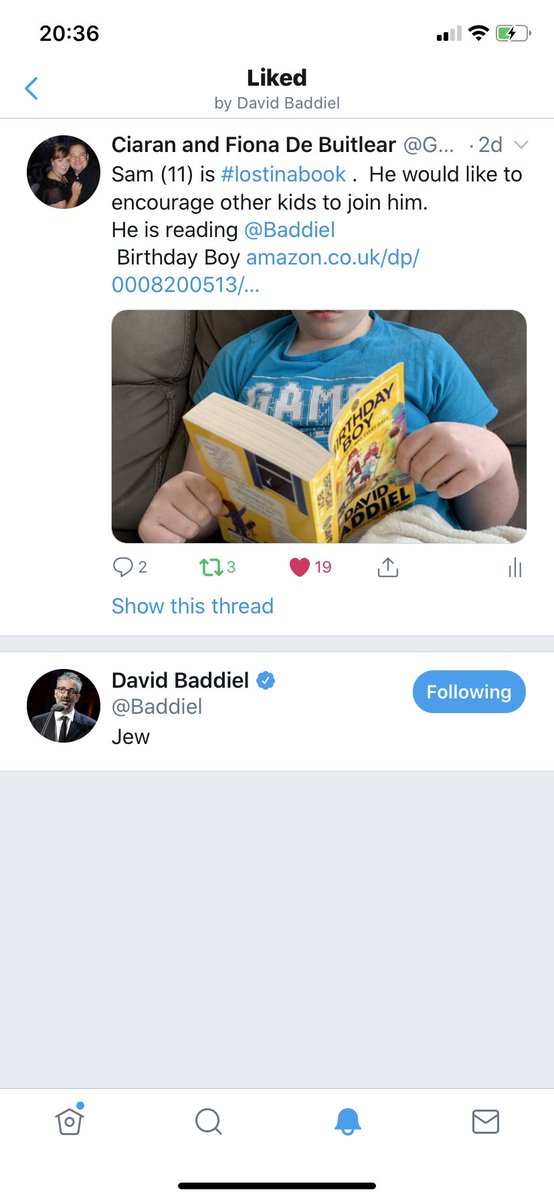 Tweet about Sam reading David Baddiel’s book is liked by the author himself