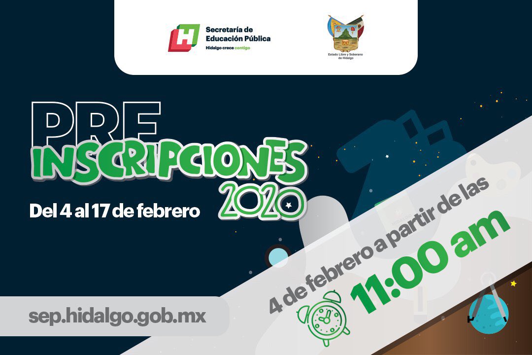 Compartimos que mañana 4 de febrero inician las #Preinscripciones2020 para ingresar a preescolar, primer grado de primaria o primer grado de secundaria. El sistema para poder realizar el trámite estará disponible a partir de las 11:00 horas en: sep.hidalgo.gob.mx