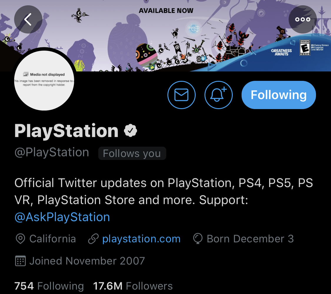 Wario64 on Twitter: "PlayStation's Twitter has been removed due to https://t.co/eLWTlmVXJW" / Twitter