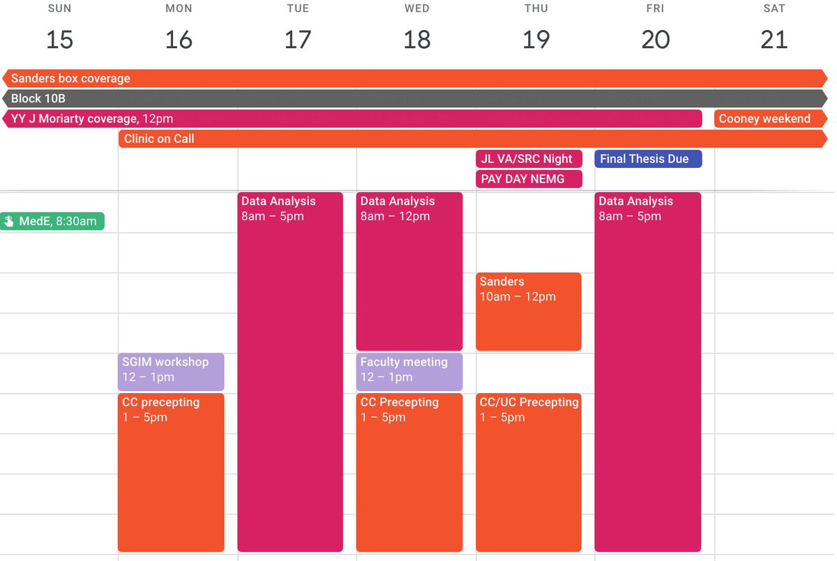 7/ Planning & OrganizingUse technology! After chief year, I got used to neurotically color-coding activities on Google Calendar & now share calendars with my husband, a GI fellow with lots of overnight call, so we never accidentally double-book ourselves. Ex below