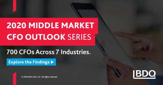 brucehoskins's tweet photo. The 2020 @BDO_USA Middle Market CFO Outlook Survey investigates the issues, opportunities and strategies of #middlemarket #CFOs across 7 key industries. Get it here: https://t.co/CrwgA0gGLn https://t.co/Lg9bEUCMAL