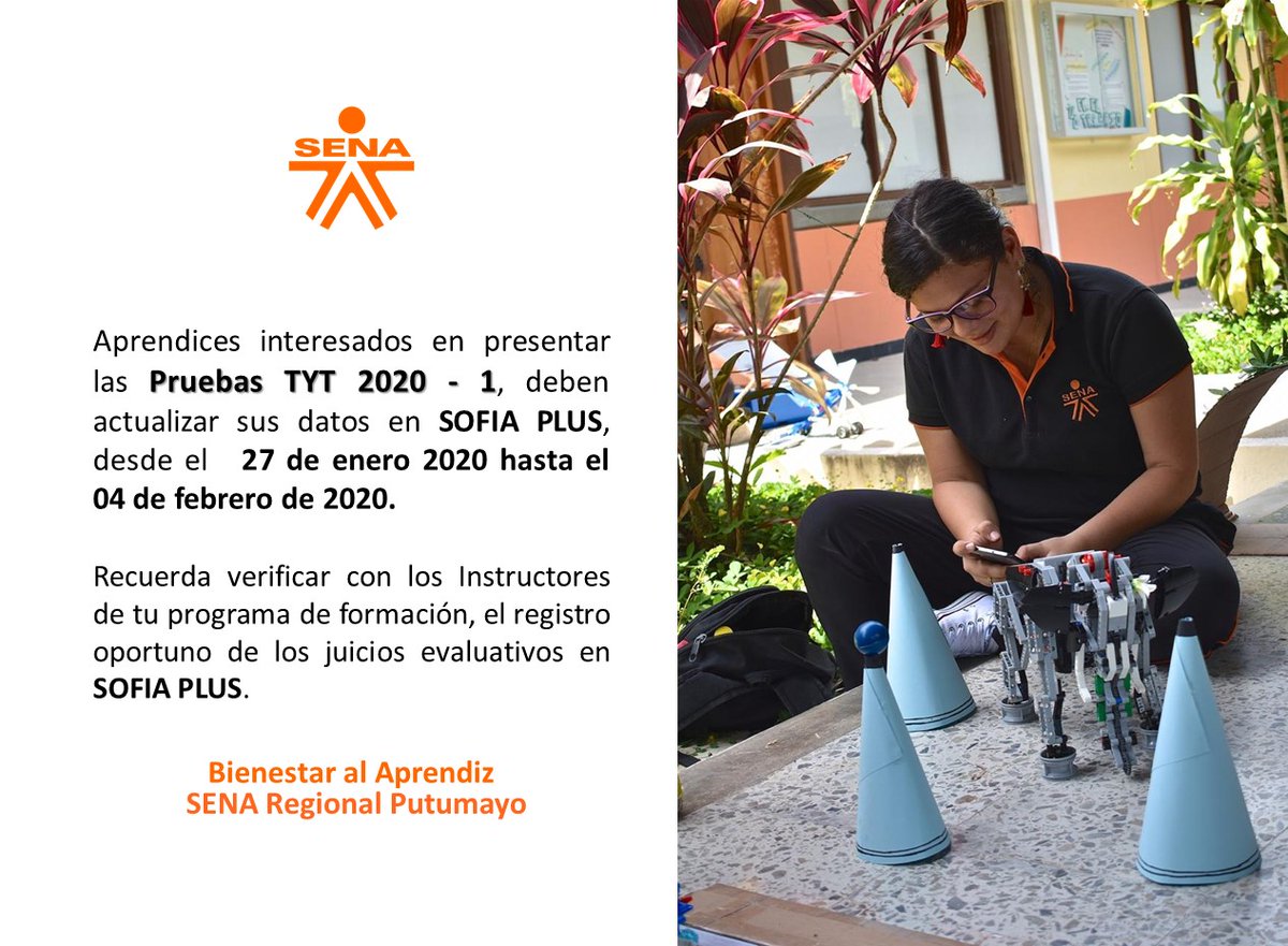 SENAPutumayo's tweet photo. 📢Aprendiz del @SENAPutumayo 💁‍♂️💁‍♀️ para presentar las pruebas TYT 2020 - 1, 🧾te recordamos 👉que sólo hay plazo hasta mañana 4 de febrero, 💻para actualizar tus datos en #SofiaPlus ✅ https://t.co/jVQMIJiDxO