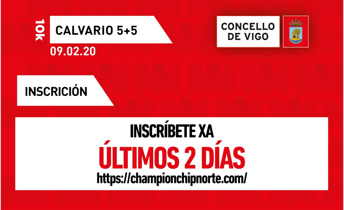 🏃🏻‍♀️🏃🏻‍♂️💨 2 DÍAS PARA PECHAR INSCRICIÓN NA Carreira Calvario 5+5.

✍️championchipnorte.com/evento/inscrib…

#VigoCorreMais #RunRunVigo20 #acorrerporvigo