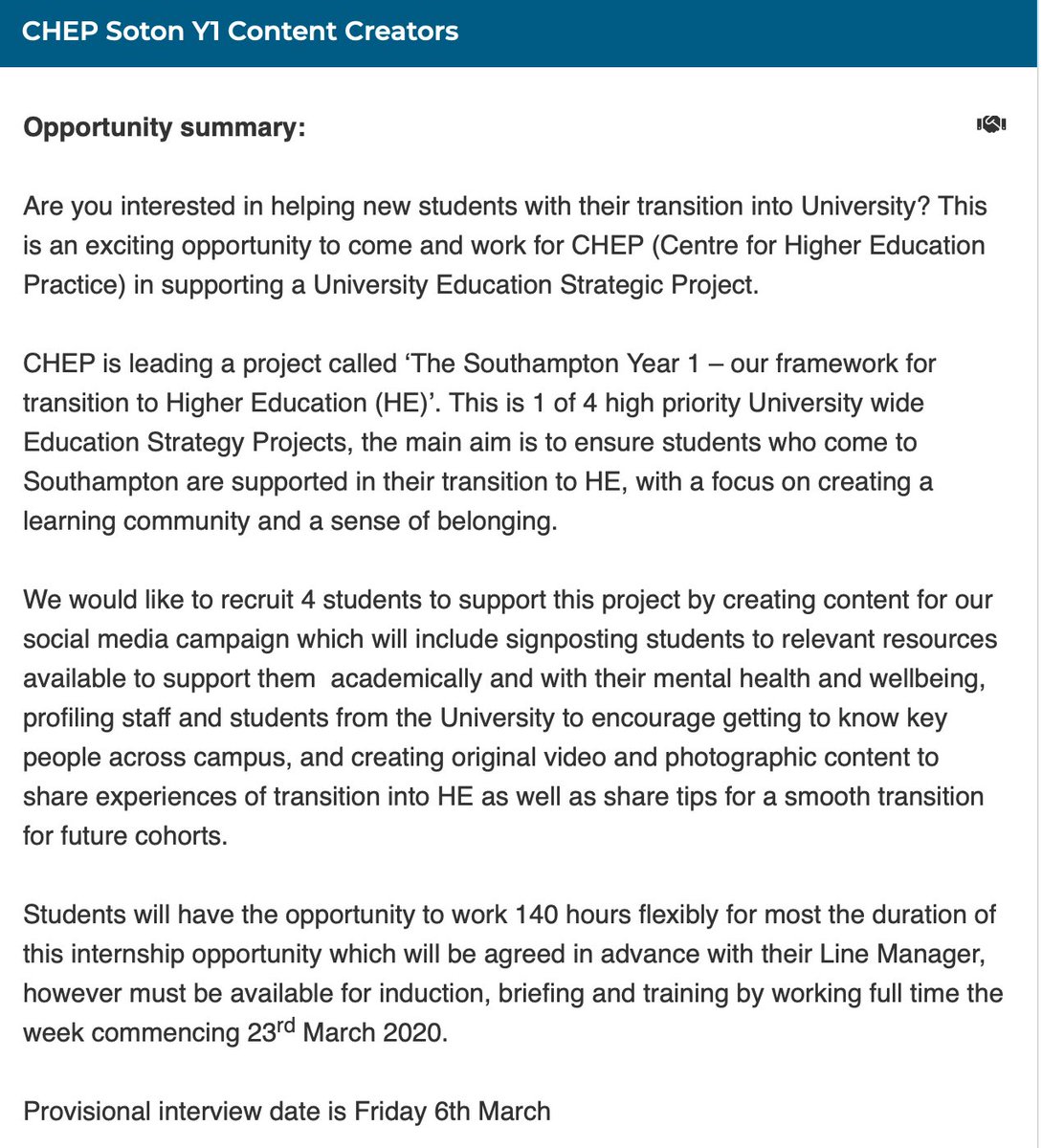 JessLSainsbury's tweet photo. 🚨 OPPORTUNITY ALERT 🚨 

@unisouthampton @Union_Soton students - we’re looking for four interns @UoS_CHEP to help us create social media content 📸🎥 for a University Strategic Education Project. 

Apply: https://t.co/PDsWn0sdFC 
Ref ID: YZQK8
#MyUoSJourney #UoSWelcome https://t.co/vljUkF41Sq