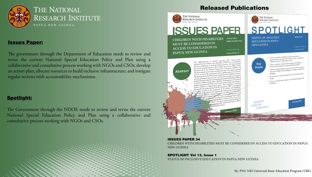 pngnri's tweet photo. @pngnri LATEST #PUBLICATIONS:
1. #Children with #disabilities must be considered in #access to #education in Papua New Guinea @JeremyGoro https://t.co/CjhI4w3RMO #research
2. Status of #inclusive #education in Papua New Guinea @JeremyGoro https://t.co/1Vmvvc1ts7 #policy #PNG https://t.co/sNEZtM1x1S