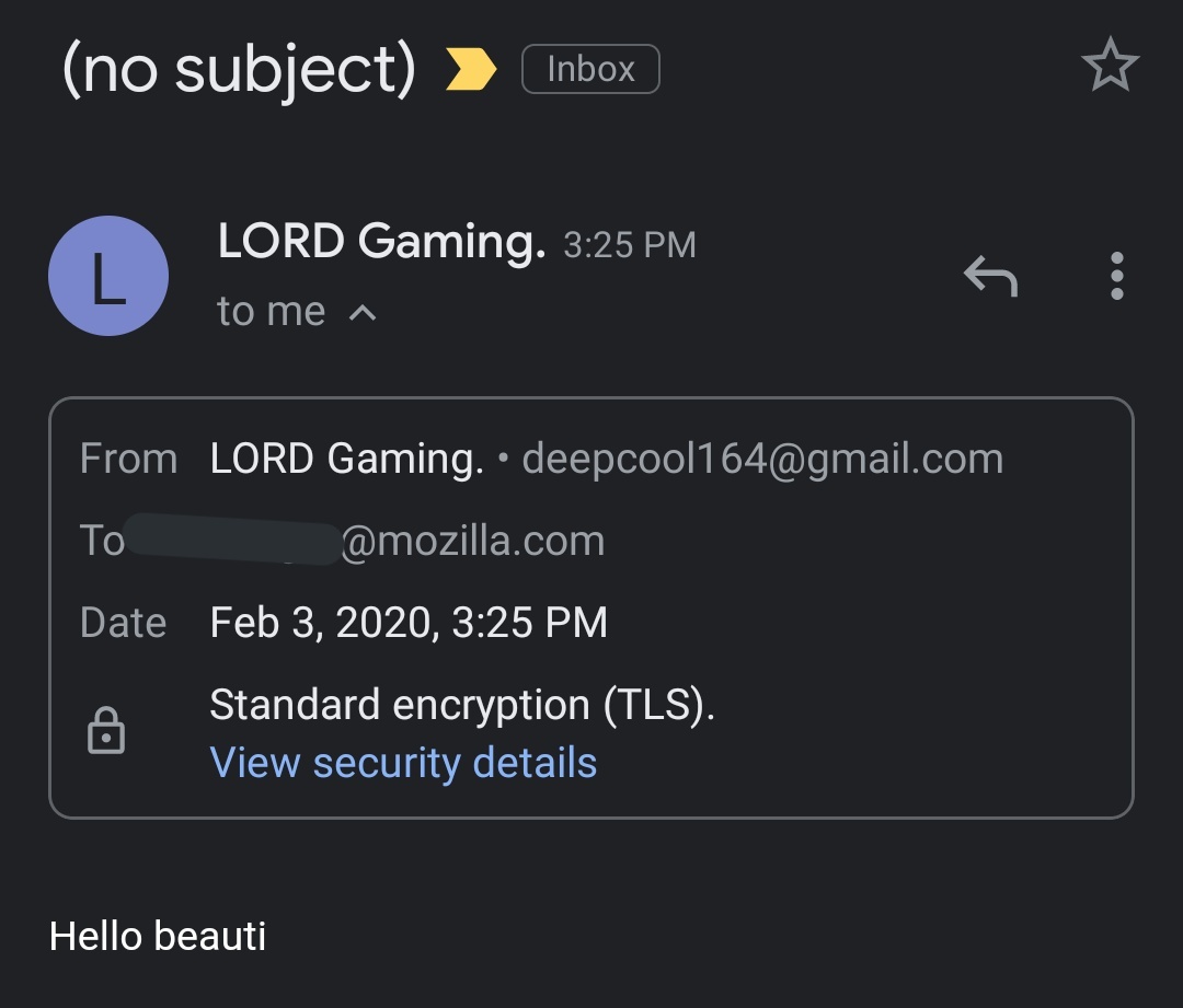 Email addressed to me no subject, message "hello beauti"