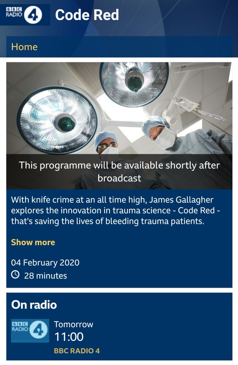 A reminder for BBC Radio 4 tomorrow at 11am: CODE RED "The science saving the lives of bleeding trauma patients."

Then here: bbc.co.uk/programmes/m00…  

(and next Monday at 9pm)