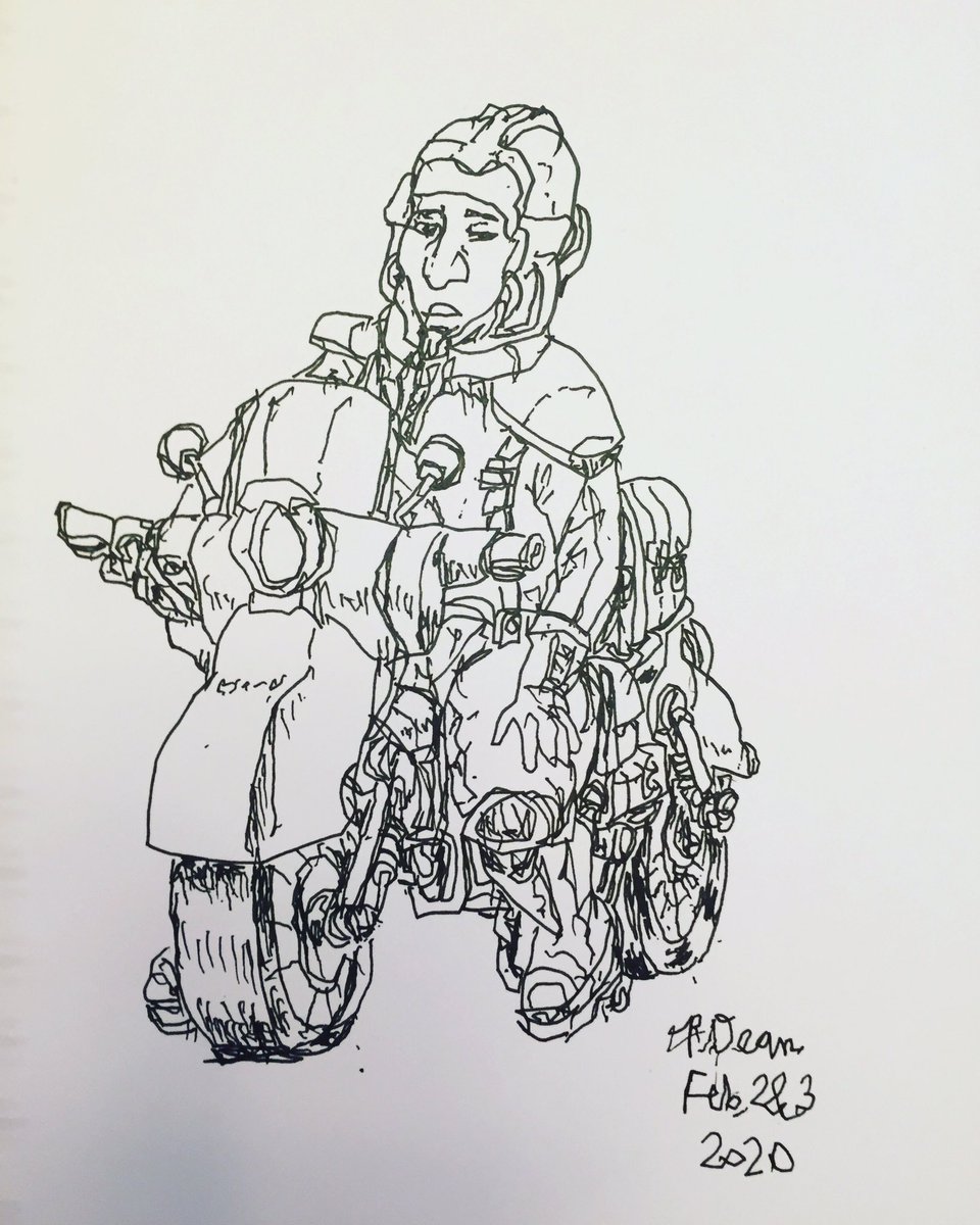 PDean_Yeah's tweet photo. “Melancholy on a Motorcycle”, drawn last night and this afternoon.
#drawingwhiledisabled #als #handicaplife #motorcycle https://t.co/NMw3okAybI
