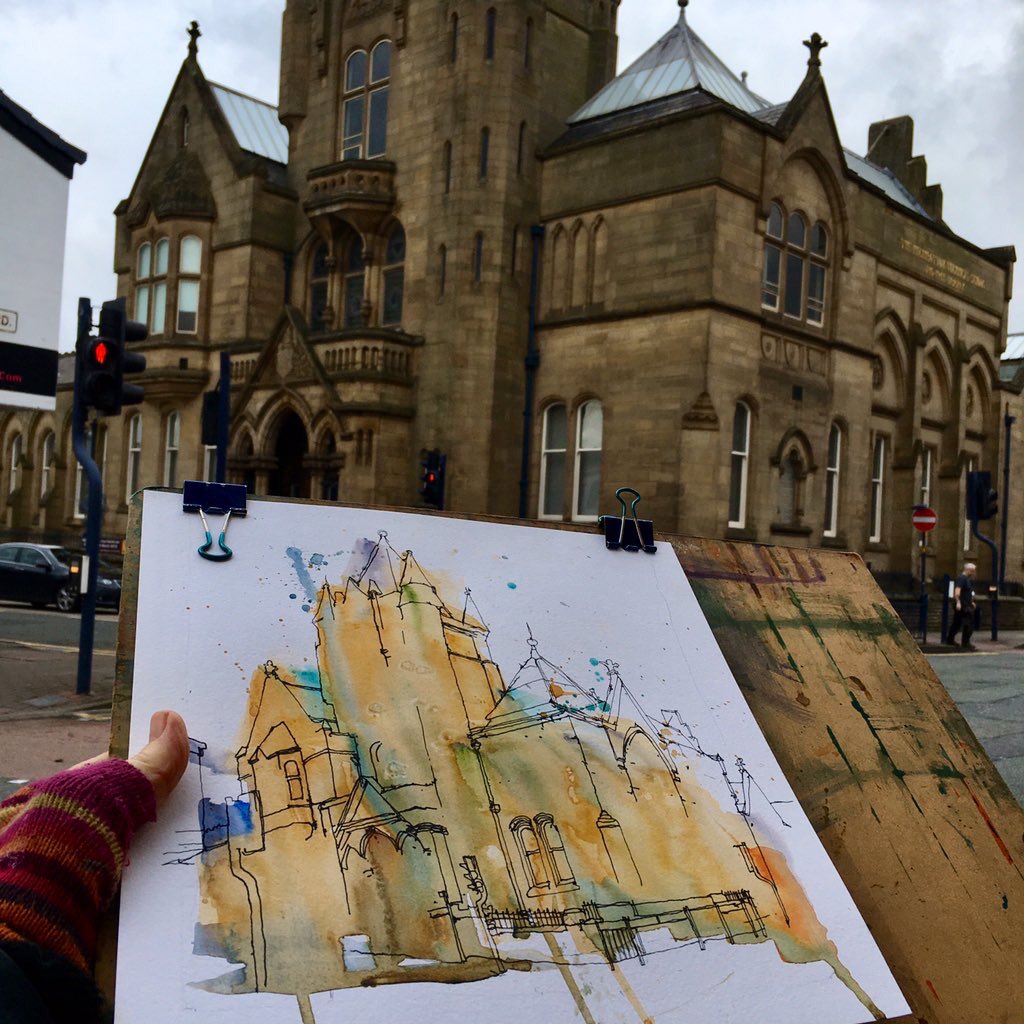 LizAckerleyArt's tweet photo. Out and about drawing in #Ashton today #ashtonlibrary - part of my #AboutAshton series - will be on show in the #markethall from March19th @TamesideCouncil https://t.co/Jw83lQGos0