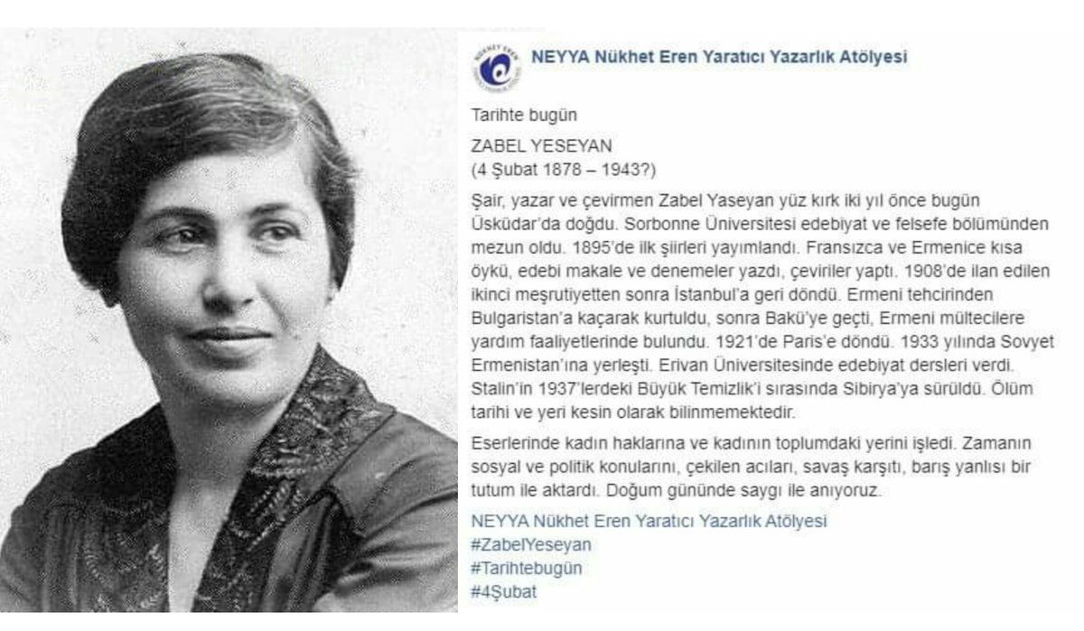 Tarihte bugün

ZABEL YESEYAN

(4 Şubat 1878 - 1943?)

<a href="/NEYYAedebiyat/">NEYYAedebiyat</a>
 #ZabelYeseyan
#Tarihtebugün
#4Şubat