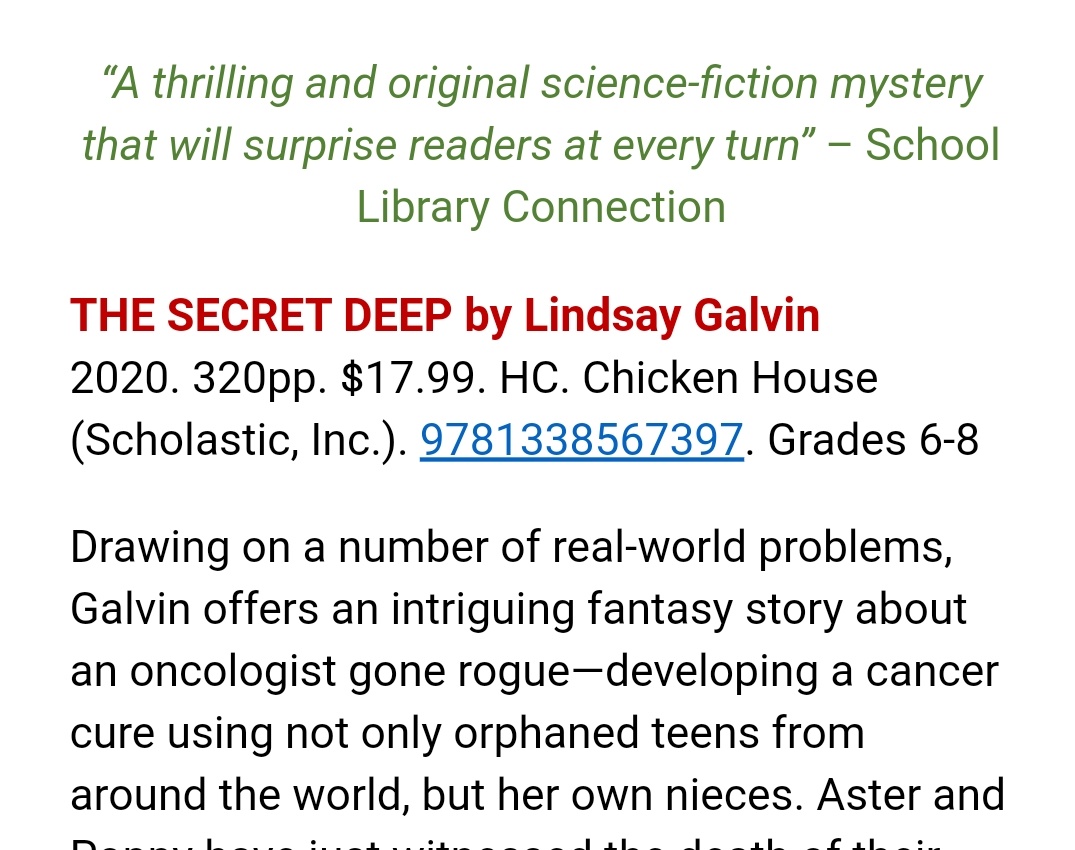 LindsayGalvin's tweet photo. I have a book out in the USA and Canada... tomorrow
PINCH ME
My book birthday eve for #TheSecretDeep π
Celebrating with my newest review.
@Scholastic https://t.co/7RbA8mv1Op