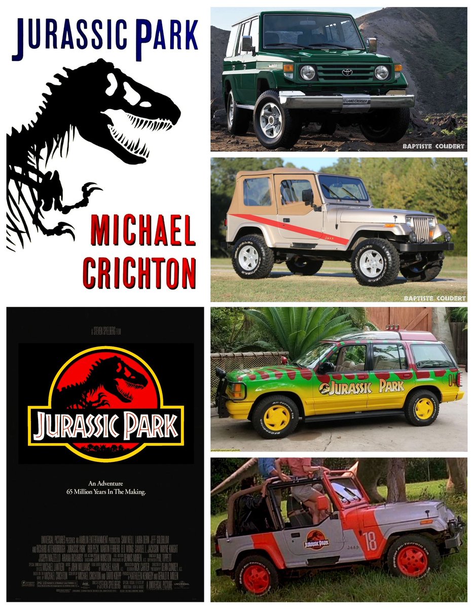 JurassicBap's tweet photo. Update: these are the #JurassicPark Novel 99% accurate cars, Land Cruisers are recent (back in 1989), green, 4 + rear doors, headlights eyes-like and Jeeps have only one red diagonal stripe. #JurassicParkJeep #JurassicParkLandCruiser #MichaelCrichton #JurassicWorld https://t.co/aFkofhvK2p