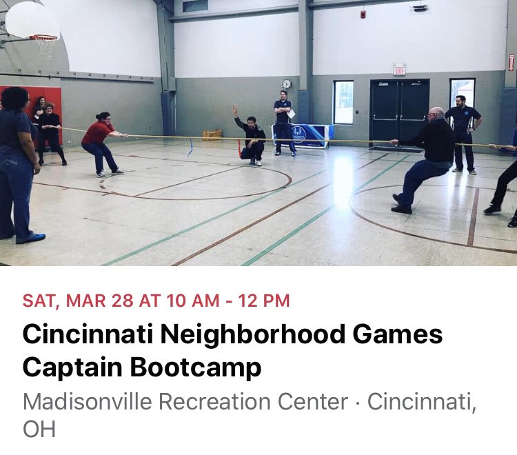 Cincinnati Neighborhood Games (@cincygames) on Twitter photo Please plan to join us March 28 at 10 a.m. at the Madisonville <a href="/cincyrec/">Cincinnati Recreation Commission</a> for our Captain Bootcamp! We will go over each Event and share details about the 2020 #CincyGames. Volunteers & those interested in learning more are also welcome! cincygames.com Please plan to join us March 28 at 10 a.m. at the Madisonville <a href="/cincyrec/">Cincinnati Recreation Commission</a> for our Captain Bootcamp! We will go over each Event and share details about the 2020 #CincyGames. Volunteers & those interested in learning more are also welcome! cincygames.com