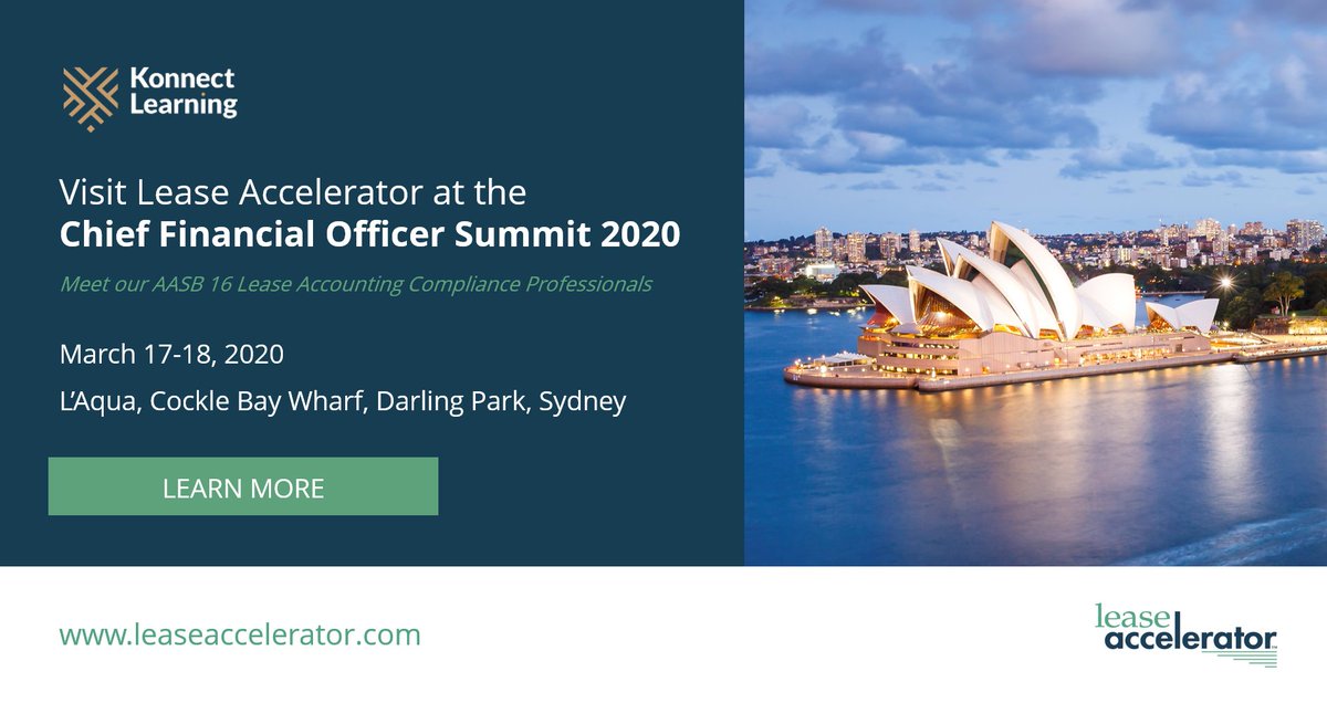 LeaseAccelerate's tweet photo. Join @LeaseAccelerate in Sydney on 17 March at the Konnect Learning #CFOSummit2020. Drop by our stand to meet with our team of #leaseaccounting experts, discuss #AASB16 and see a product demo. Click to learn more: https://t.co/BojK58rdeD https://t.co/8HK1KV4BB6