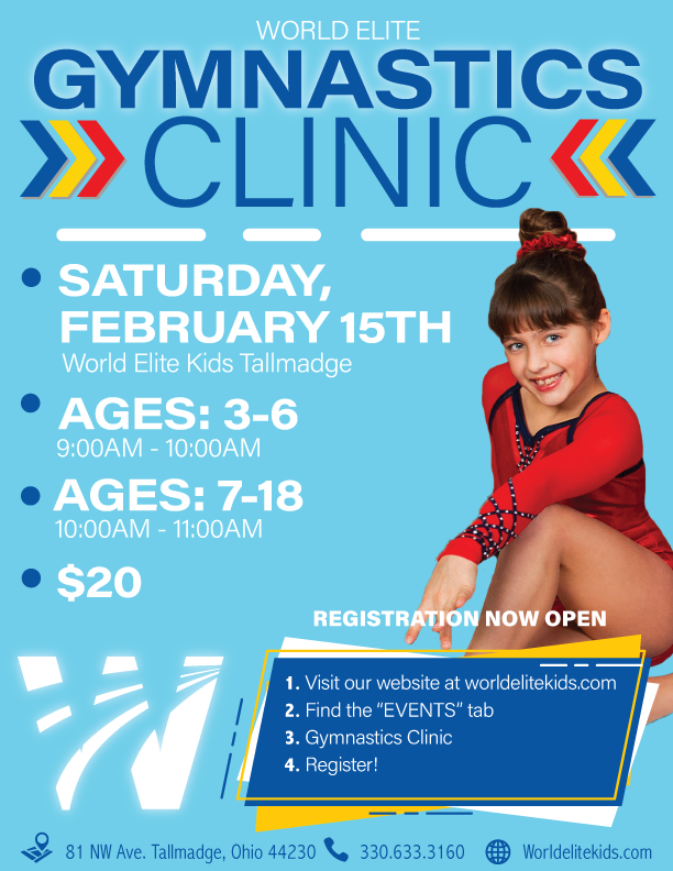 worldelitekids's tweet photo. Come improve your gymnastics skills with us at our February 15th clinic! ❤️💙💛

Ages 3 to 6 --> https://t.co/lQth9hqRLW
Ages 7 &amp; up --> https://t.co/RILj6xyHuz

See you there! https://t.co/ikzWh73BtJ
