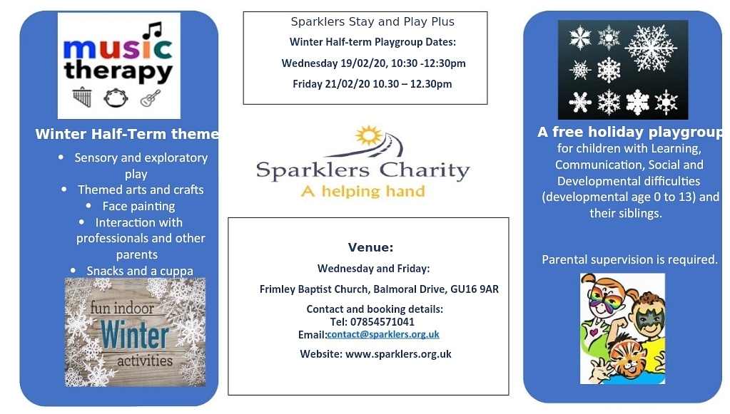 sparklershelp's tweet photo. February Half-term Holiday Playgroups π
We look forward to seeing families on
Wednesday 19th February and
Friday 21st February 2020
@ FrimleyBaptistChurch, Balmoral Drive, GU16 9AR.
Time: 10.30am to 12.30pm
See you there π
#Inclusion #Friendships #CombatingIsolation #Play https://t.co/yKfPXqkp3b