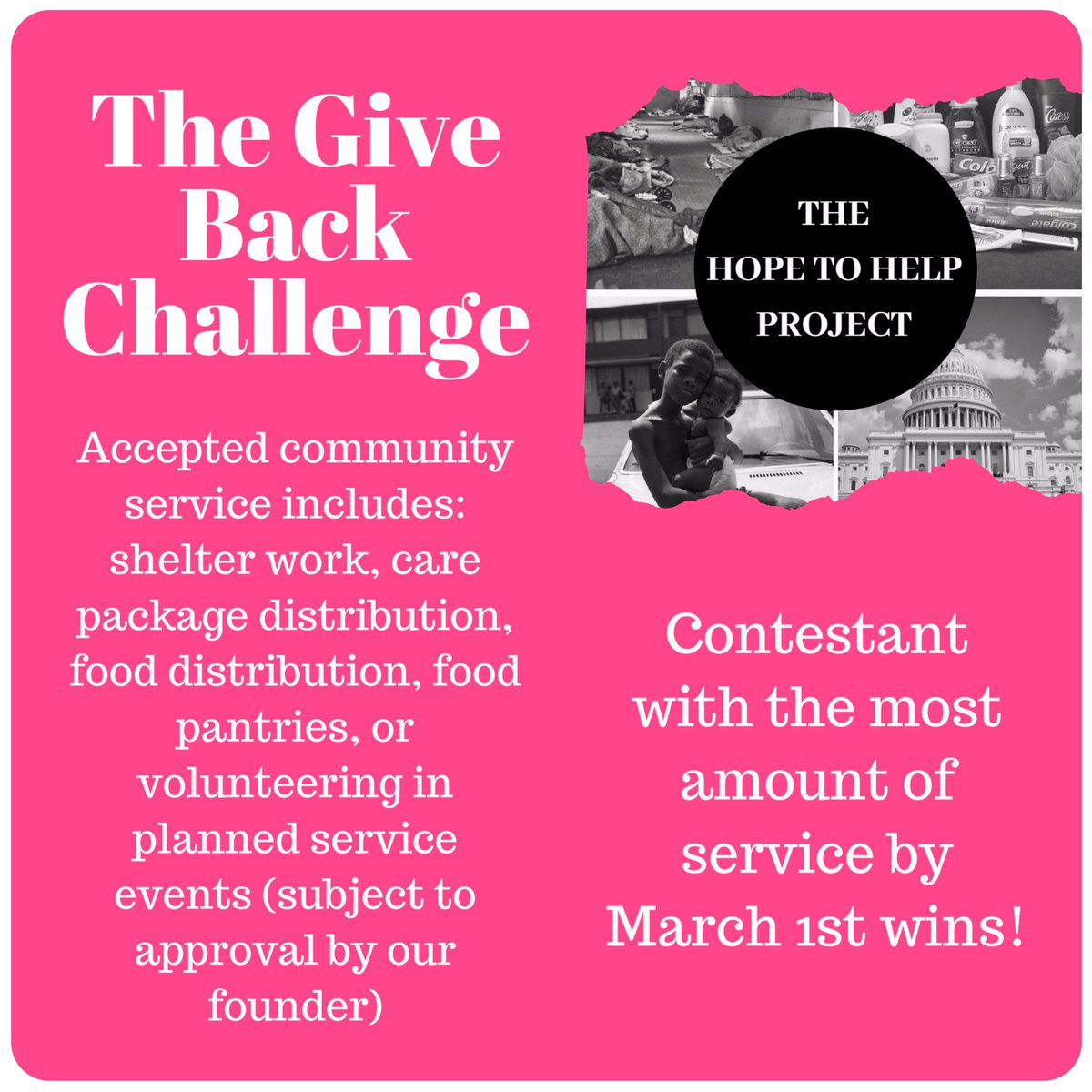 TheHope2Help's tweet photo. Its time to Give Back!! We are hosting a giveaway contest to get you guys out in the community. To enter you must:
-Retweet
-Follow our page
-Submit current pictures of you doing community service to TheHopetoHelpProject@yahoo.com 
Contest rules cont. below: https://t.co/xJQ87w9mpD