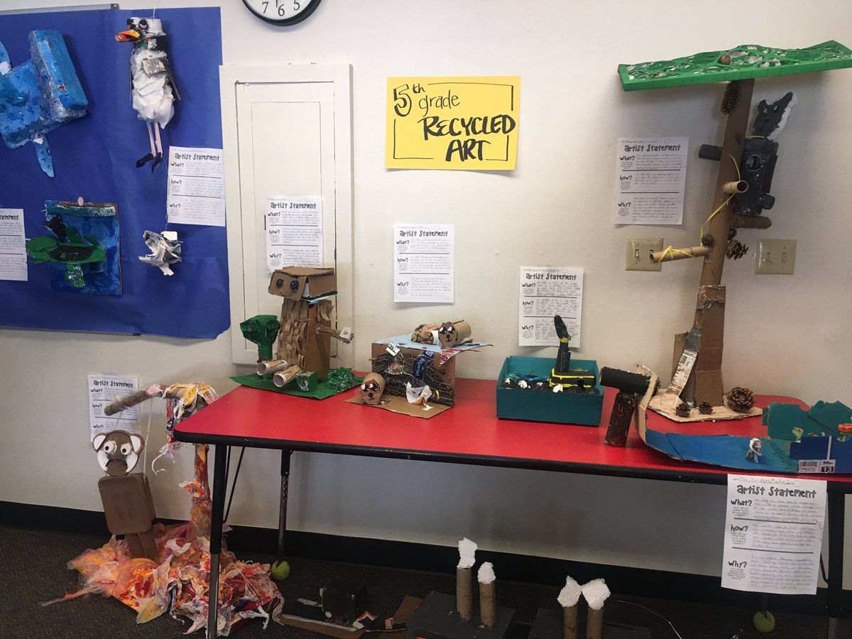 BraceBulldog's tweet photo. Recycled art collaboration with @notjustmarkers, @5thSlaughter and @dana_gleason5th!! #transdisciplinarylearning #kidsgettingcreative https://t.co/nfv9lFtc2s
