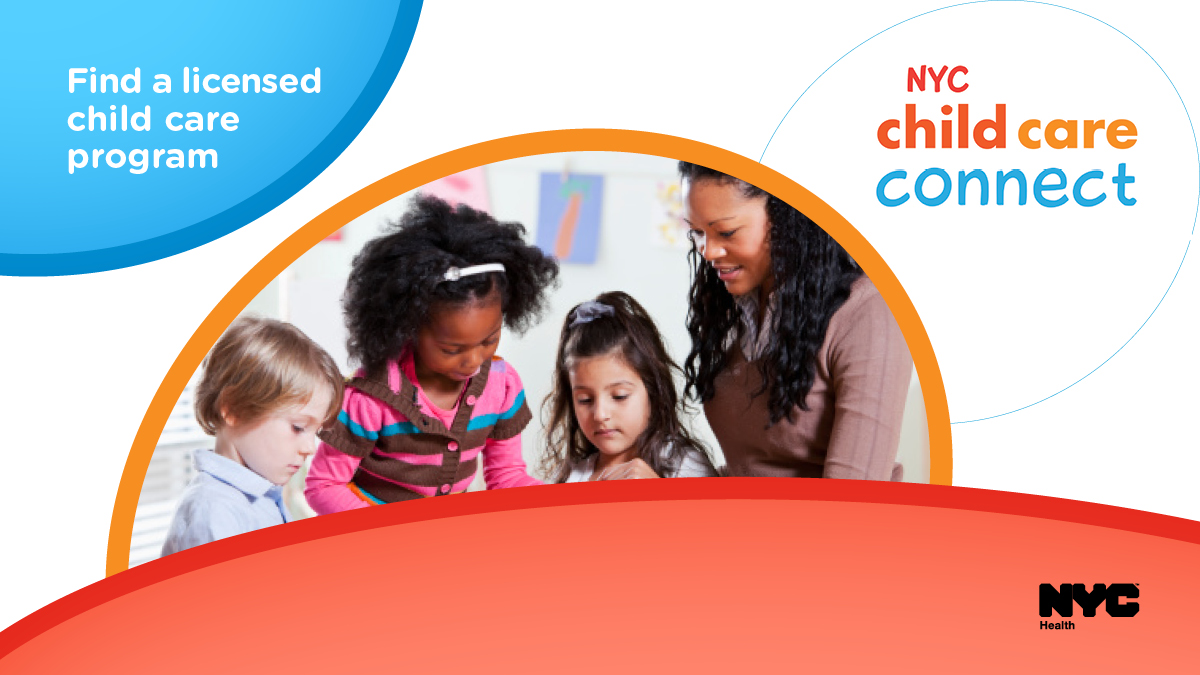Children at a day care. Text reads: Find a licensed child care program. NYC Child Care Connect.