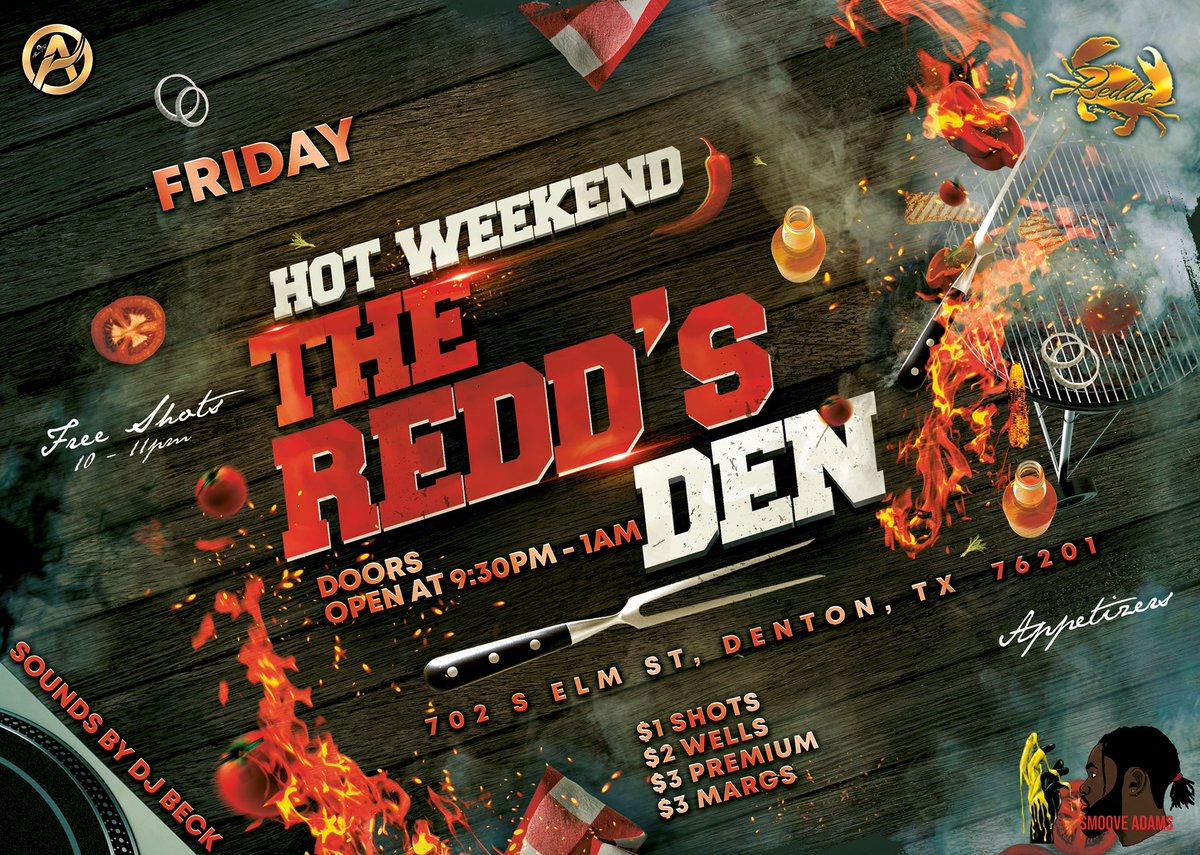 THIS FRIDAY🗣🗣🗣

Come turn up at <a href="/CajunRedds/">Redd's Cajun Kitchen</a> for #TheReddsDen
Brought to you by <a href="/TheMidasEnt/">MidasEntertainment</a> &amp; @Smoove_Adams 

Doors open @ 9:30pm
and we goin til 1am🥴
$10 Entry

📣FREE SHOTS📣 from
10-11pm so BE ON TIME!!!

Sounds by DJ BECK‼️