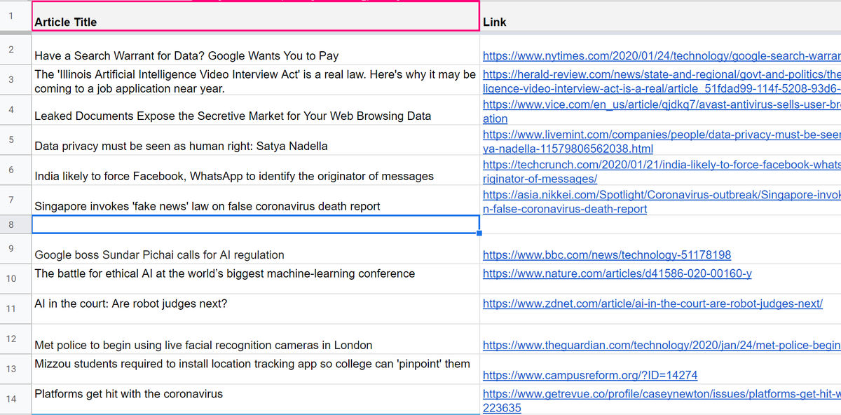 Article Title
Have a Search Warrant for Data? Google Wants You to Pay
The 'Illinois Artificial Intelligence Video Interview Act' is a real law. Here's why it may be coming to a job application near year.
Leaked Documents Expose the Secretive Market for Your Web Browsing Data
Data privacy must be seen as human right: Satya Nadella
India likely to force Facebook, WhatsApp to identify the originator of messages
Singapor