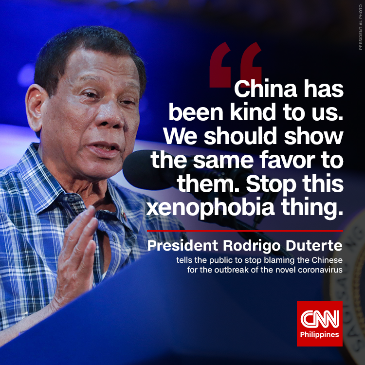newswatchplusph's tweet photo. Duterte asks Filipinos to stop being 'xenophobic' or blaming Chinese nationals for the 2019-nCoV outbreak https://t.co/OewHiw4BlE https://t.co/Twn9EmuT4v