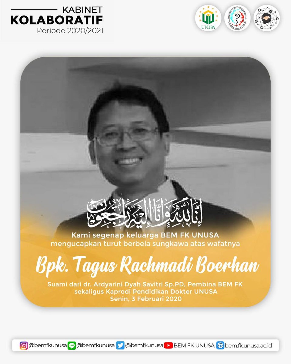 BemFkUnusa's tweet photo. [UNUSA Berduka]

إِنَّا للهِ وَإِنَّـا إِلَيْهِ رَاجِعونَ

Turut berduka cita atas meninggalnya suami dr. Ardyarini Dyah Savitri SpPD. Semoga almarhum husnul khotimah. Semoga dr. Vitri sekeluarga diberikan ketabahan &amp; keikhlasan.

#KABINETKOLABORATIF
#BEMFKUNUSA
#FKUNUSA https://t.co/pcPLQAvBt9