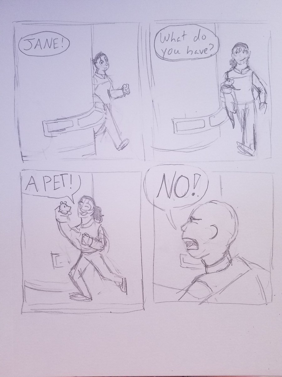 4 panel comic of Lakat walking around engineering holding Orville with Theq talking to her. Panel 1 Theq says "Jane!" Panel two he asks "What do you have?" Panel 3 Lakat gleefully responds "A PET!" Panel 4 Theq runs across yelling "NO!"