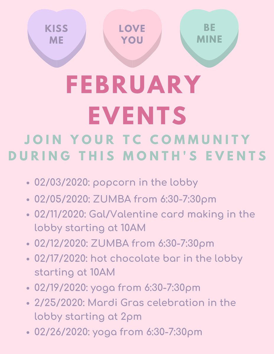 TrinityCommonNC's tweet photo. Hey TC Fam! Which February event are you most excited for?
.
.
.
#TrinityCommons
#thisisNWRliving
#allapartmentsarenotthesame
#Valentines2020
#Galentines2020
#MardisGras2020
#zumba
#yoga
#fitfam https://t.co/kF0K3qDBSE