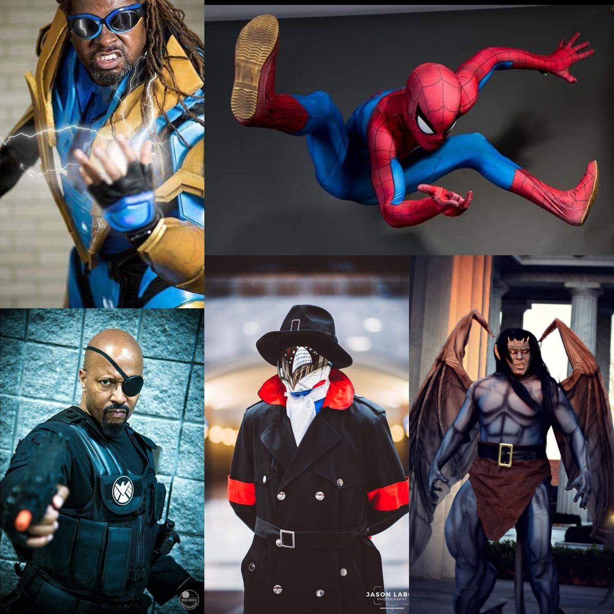 LadyJ_DNA's tweet photo. #mcm #magnificentcosplaymale representing #cospositivity & #28daysofblackcosplay #29daysofblackcosplay
#cobracommander by NycterisArtistry
#spiderman by #subwayspiderman
#nickfury by #fredholt
#goliath by #knightmage
#blacklightning by #eyesofhphotography
#ladyjcosplay #cosplay https://t.co/LO3RrYzurA