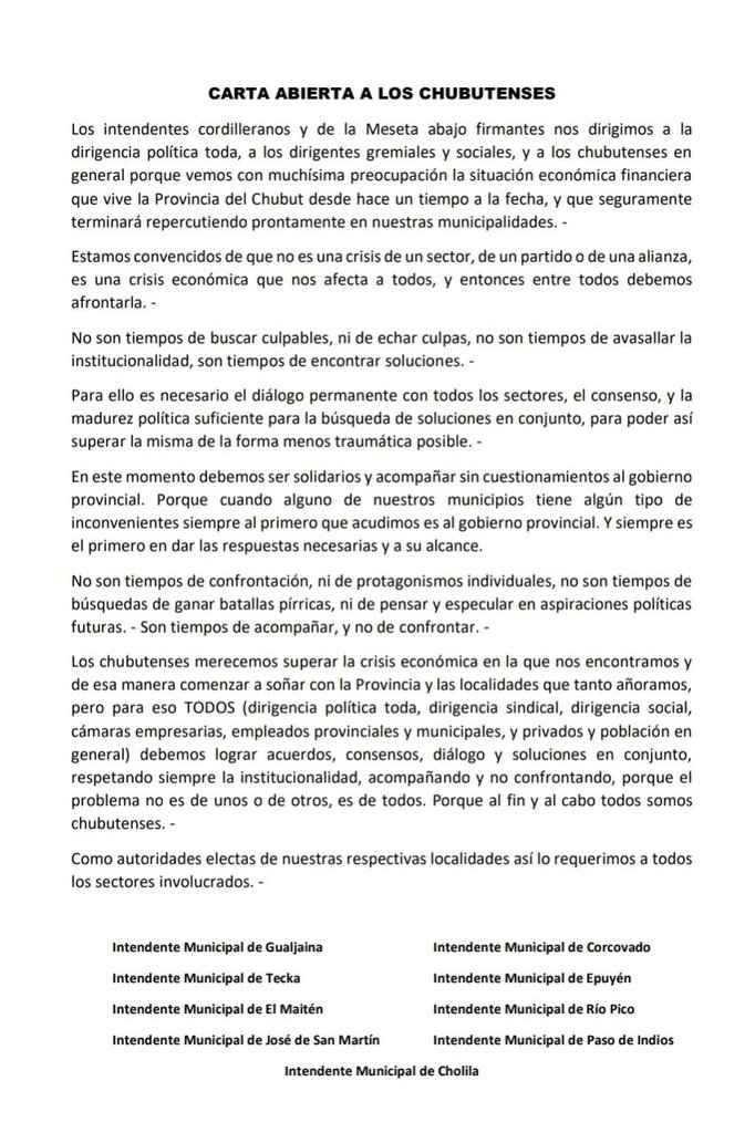 A todos los chubutenses.
<a href="/KaryLagos4/">Kary Lagos</a> <a href="/psnouveau/">Pablo Nouveau</a> <a href="/CFPasquiniESQ/">Crhistian Pasquini</a> <a href="/arcionimariano/">Mariano Arcioni</a> <a href="/c7chubut/">C7 Chubut</a> <a href="/Canal4Esquel/">Canal 4 Esquel</a> <a href="/JornadaWeb/">Diario Jornada</a> <a href="/gobiernochubut/">Gobierno del Chubut</a>