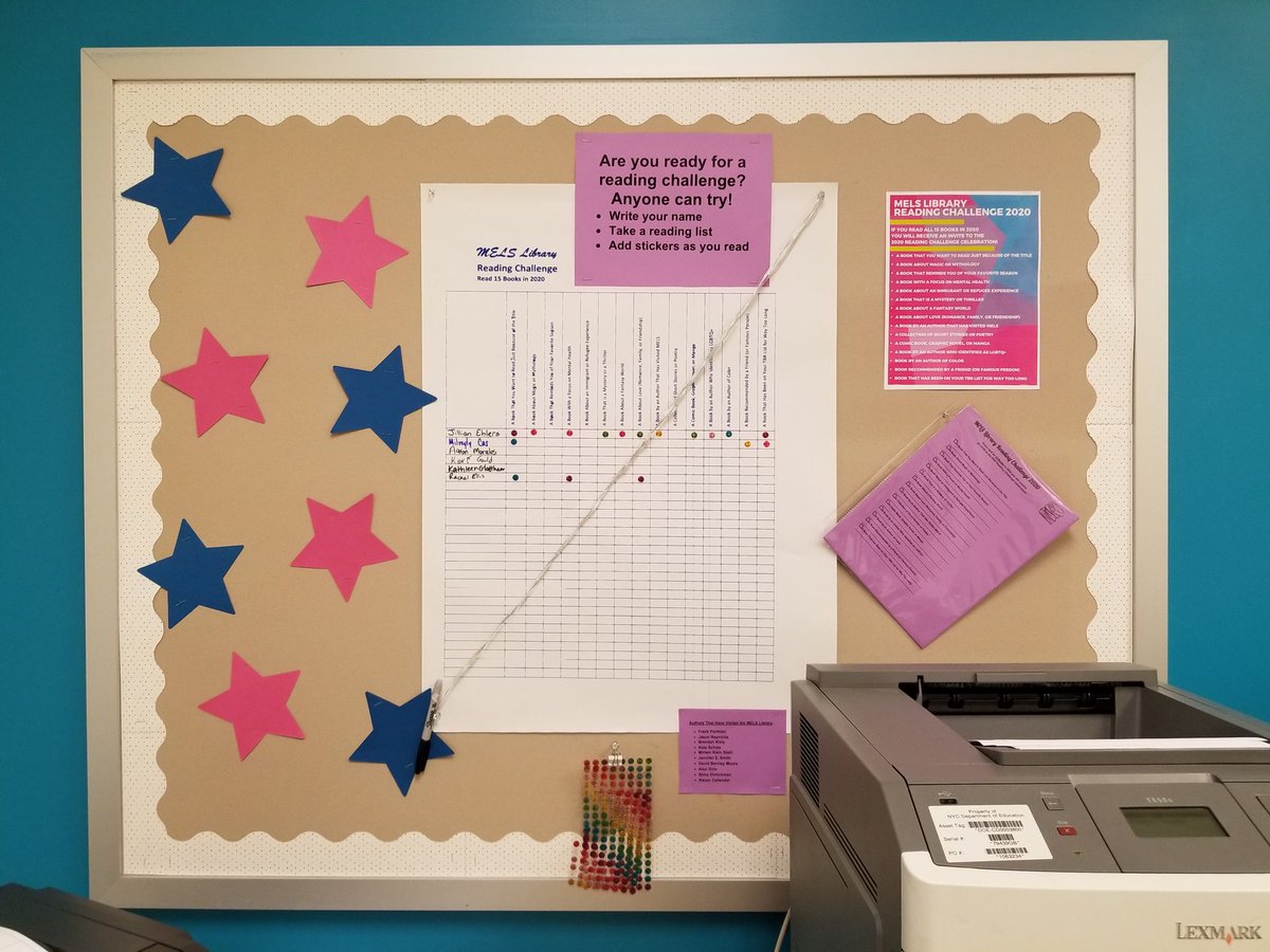 JRLibrarian's tweet photo. The new #MELSlibrary #ReadingChallenge has been posted! This year there is a tracker in the teacher's lounge! Write your name, take a reading list, and add stickers as you read! #ReadersGonnaRead @MetropolitanELS https://t.co/xAg7gprRXv