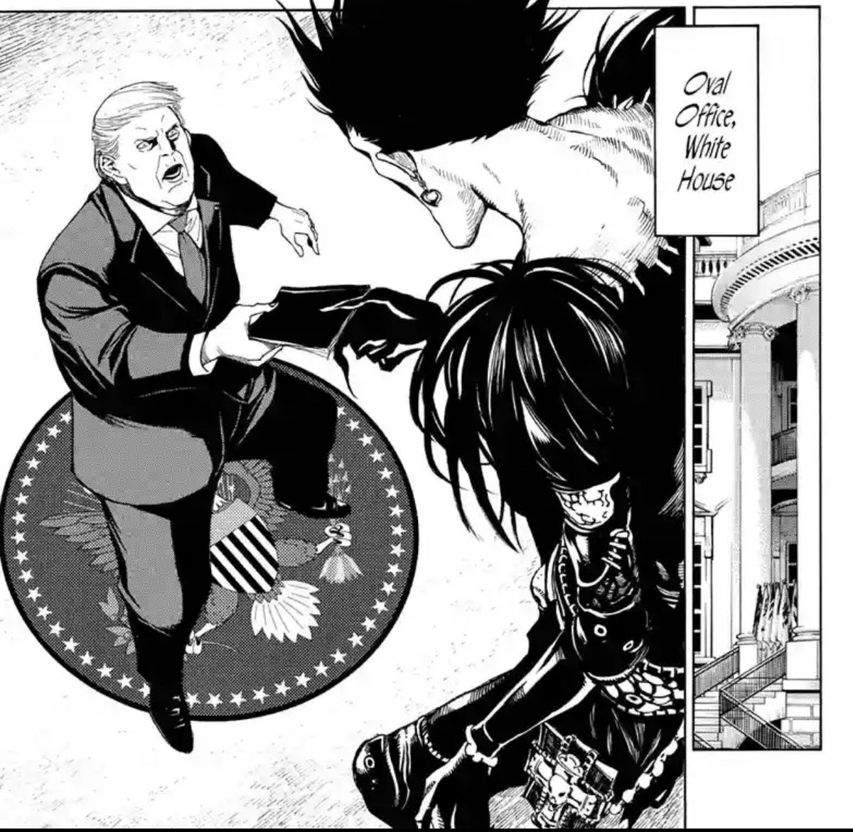 senkyyo's tweet photo. Never in a million years did I ever think I’d be seeing Ryuk handing over a death note to Donald Trump LMAOOOOOO https://t.co/1wMv84z6Vo