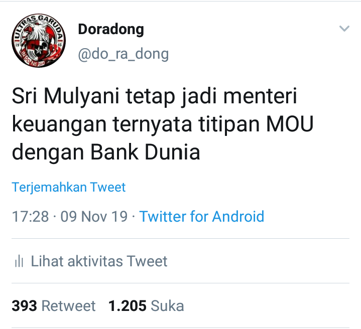 do_ra_dong's tweet photo. Sri Mulyani adalah titipan MoU dengan bank dunia

Loyalitasnya lebih besar kepada agenda sang tuannya

Jokowi mana berani memecatnya, bisa mencret nanti kalau ada tagihan utang datang https://t.co/OzYiD3dDN2