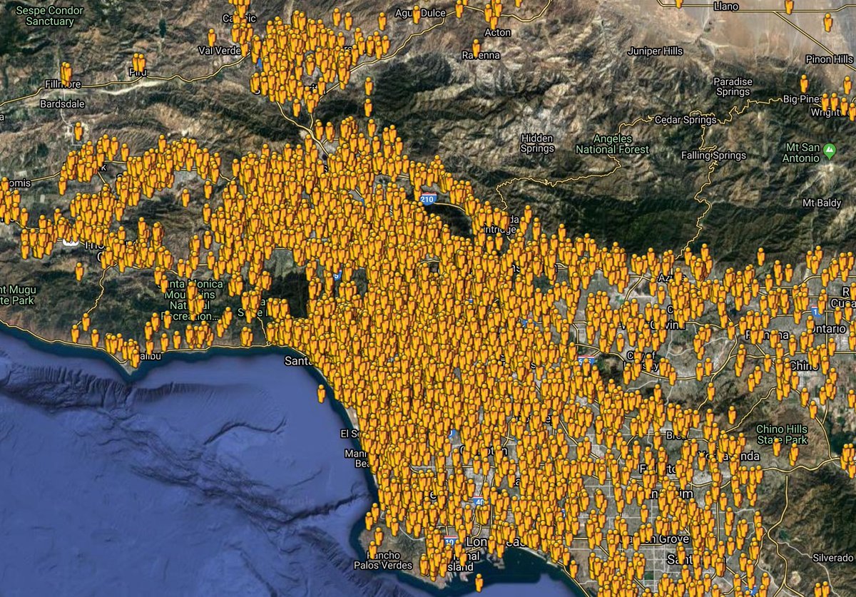 CaptSilverman's tweet photo. It's hard to see the community names, but trust me, this is a map of #LosAngeles. The yellow icons represent @PulsePoint subscribers; a virtual sea of potential heroes all over @LACity! 

Download the free life-saving app today.    🏃‍♀️🏃‍♂️ 🚒🚑

#BeLAFDsafe
#CPRsaveslives https://t.co/0ZdyhG6szh