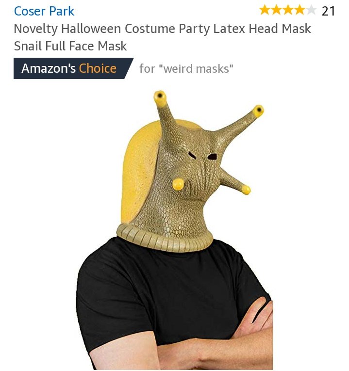 Amazon.com offering of a slug head mask being work by someone.