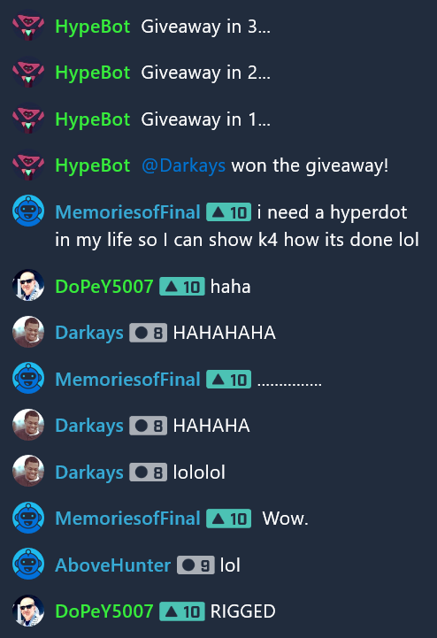 Mixer chat log of people laughing as the bot chooses Charles to win a free copy of HyperDot
