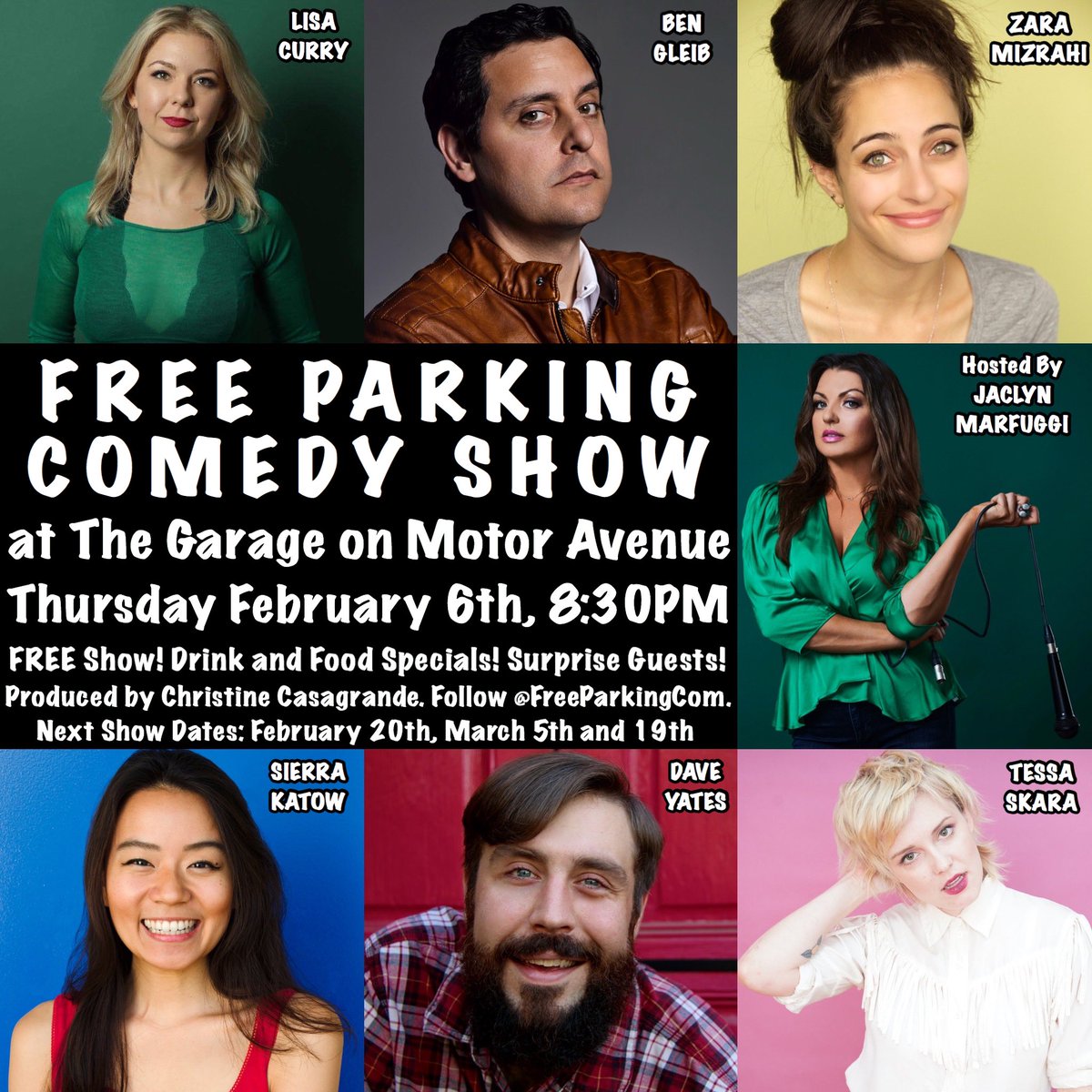 Cure those #superbowl hangovers with <a href="/FreeParkingCom/">#FreeParkingComedy</a> at the <a href="/GarageMotorAve/">The Garage</a> this Thursday at 8:30pm featuring special guests <a href="/bengleib/">Ben Gleib</a> <a href="/lisa_curry/">LISA CURRY</a> <a href="/TheZaraMizrahi/">Zara Mizrahi</a> <a href="/sierrakatow/">Sierra Katow</a> <a href="/YatesComedy/">Dave Yates</a> <a href="/TessaSkara/">tessa skara</a> hosted by <a href="/JaclynMarfuggi/">Jaclyn Marfuggi Caprio</a>!!