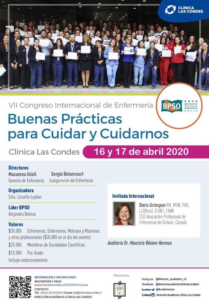 El VII Congreso Internacional de Enfermería de CLC "Buenas Prácticas para Cuidar y Cuidarnos" se re-agendó para el 16 y 17 de Abril. En esta oportunidad estará presente Doris Grinspun, quien visitará previamente nuestro hospital el 15 de Abril. <a href="/DorisGrinspun/">Dr. Doris Grinspun 🇨🇦 RN, PhD, FAAN, O.ONT</a> <a href="/BpsoCLC/">BPSO Clínica Las Condes</a> <a href="/BpsoCl/">BPSO HEGC</a>